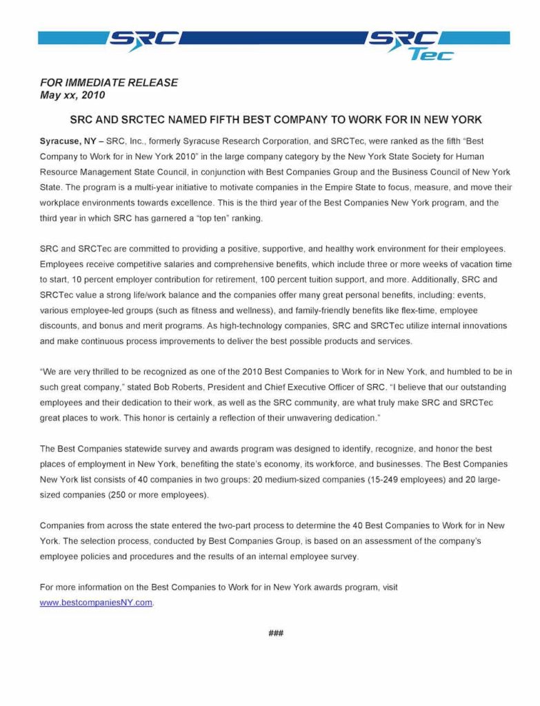 Best Companies NY SRC Press Release